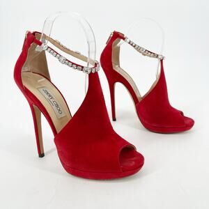Jimmy Choo Farah Red Suede Crystal Trim Peep Toe Platform Sandal Heel IT 38.5